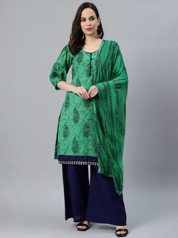 Cotton Block Printed Stitched Kurta Pallazzos Suit With Mirror Embellishments & Trims