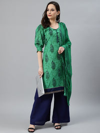 Cotton Block Printed Unstitched Suit Set With Mirror Embellishments
