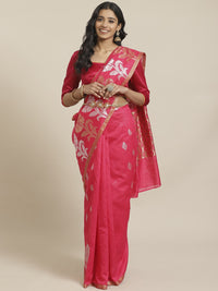 Banarasi Heritage Jute Silk Saree with Gold, Silver Floral Motifs And matching Gold Belt