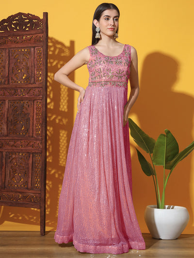 Chhabra 555 Mermaid Sequin Embellished Cocktail Gown with Zircon & Zardozi Embroidered Floral Motifs