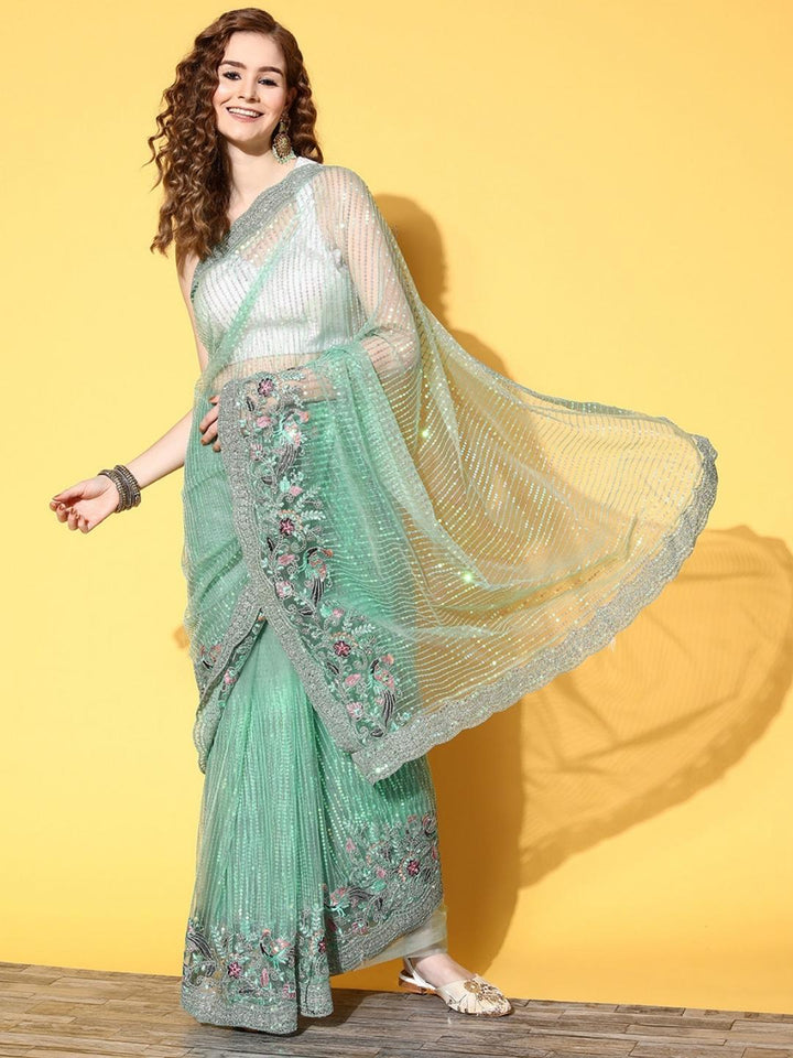 Chhabra 555 Teal Green Heavy Metallic Sequence & Peacock Motifs Embroidered Fancy Party Wear Saree