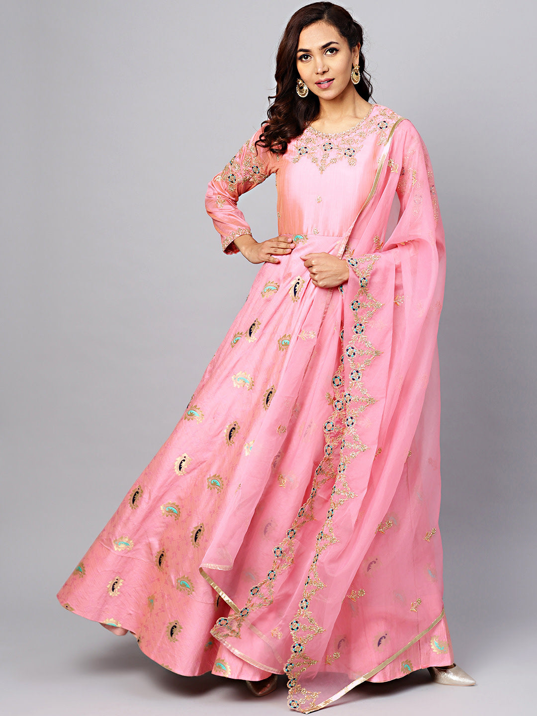 Chhabra 555 Made-to-Measure PInk Embellished Gown with Banarasi weaving and Zari Embroidered Dupatta