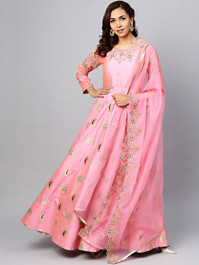 Chhabra 555 Made-to-Measure PInk Embellished Gown with Banarasi weaving and Zari Embroidered Dupatta