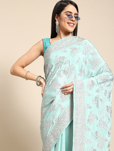 Chhabra 555 Ice Blue Crepe Silver Zari Floral Zaal Embroidery & Stone Embellished Glamourous Saree