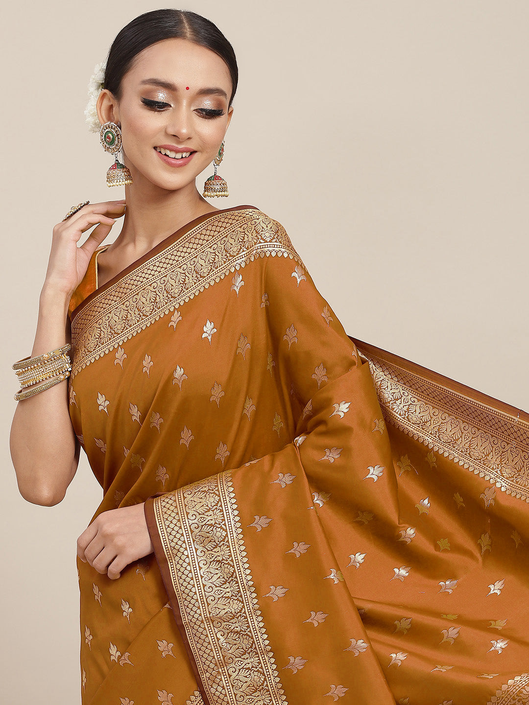 Chhabra 555 Golden Zari Woven Mysore Silk Bridal Handloom Saree with Floral motifs