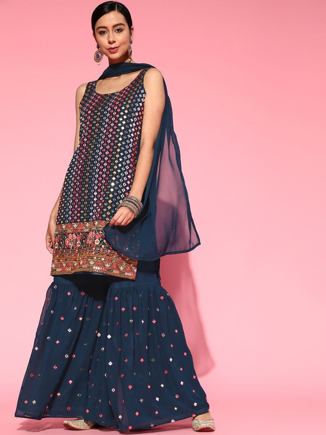 Made to Measure Multicolor Mirror Embroidery Sharara Suit Set With Intricate Border