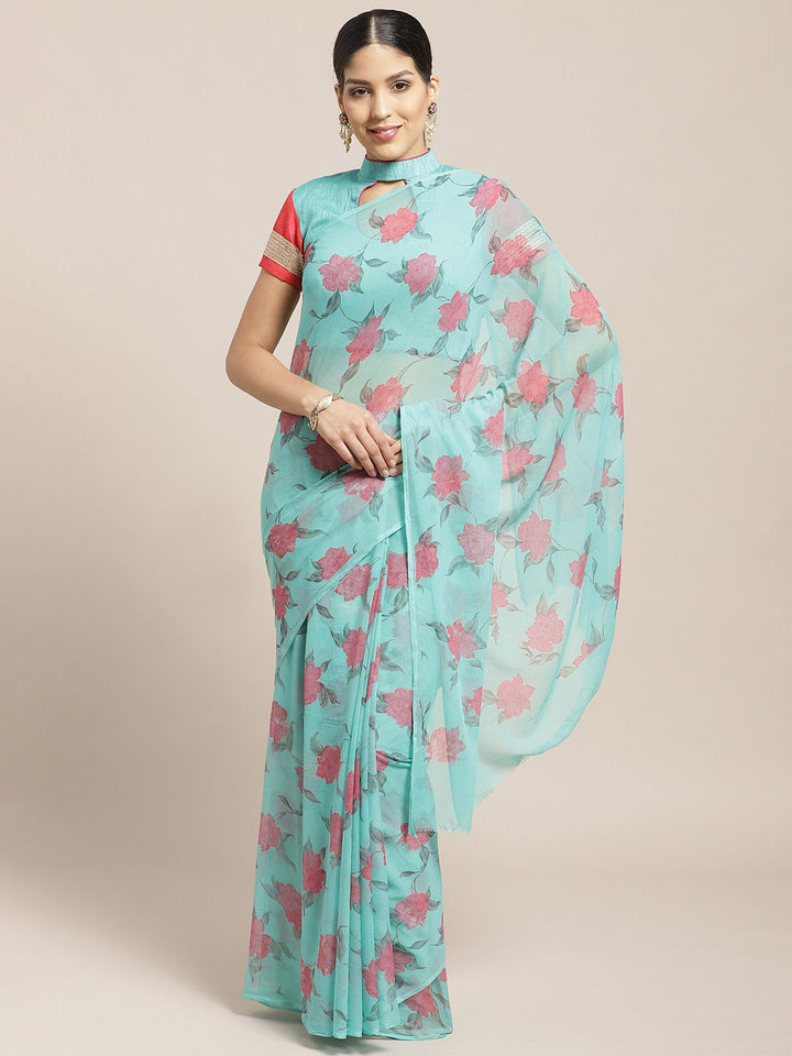 Pastel Summer Chiffon Saree with Contemporary Floral Prints and Gold Zari Border