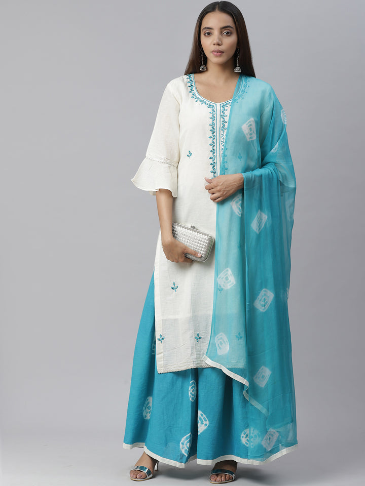 Jute Cotton Embroidered Kurta Set with Bandhej Skirt and Mirror Embellishments