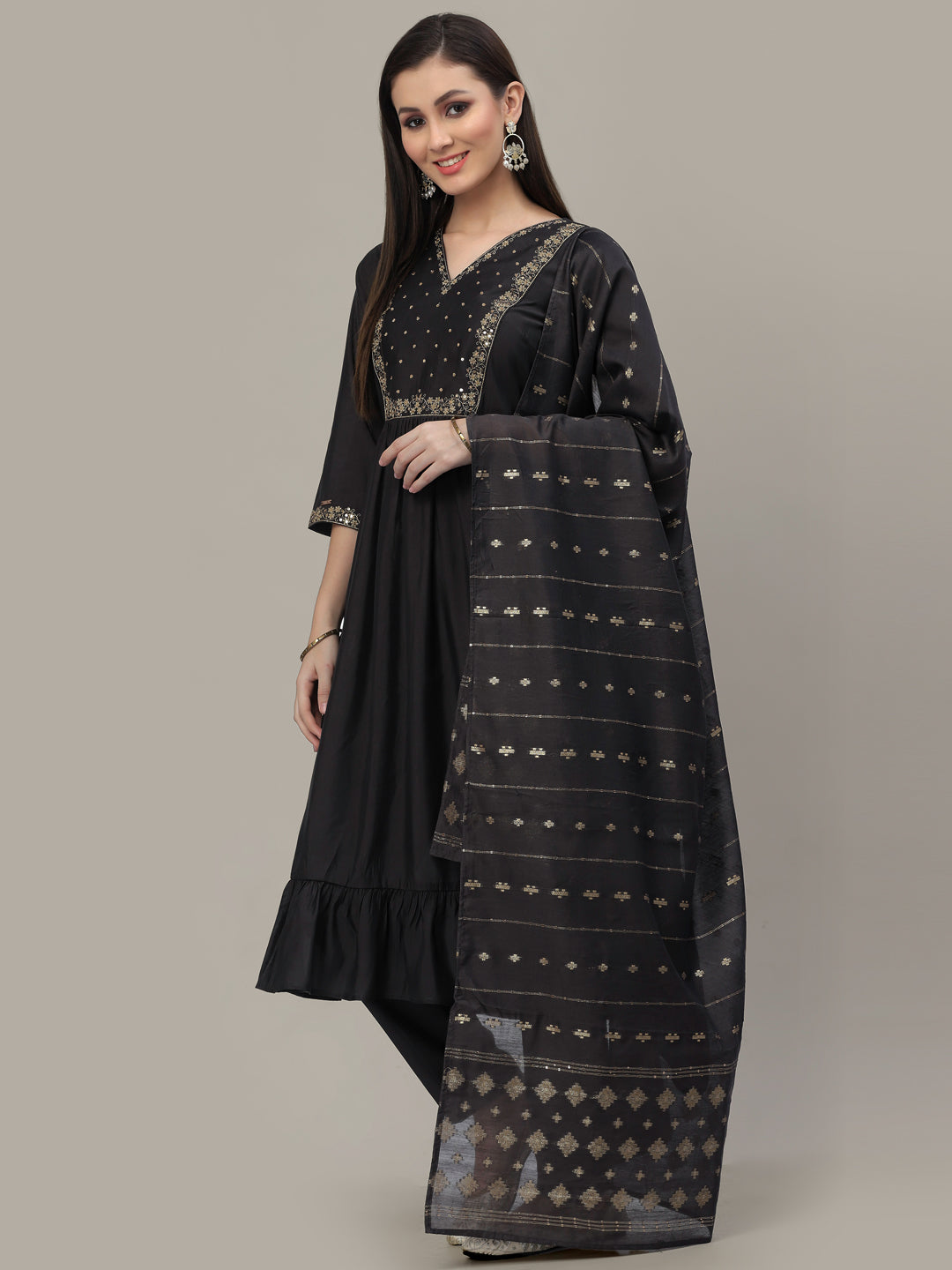 Chhabra 555 Made to Measure Steel Grey Embellished Ruffled Flare Kurta Pant Set with Weaving Dupatta