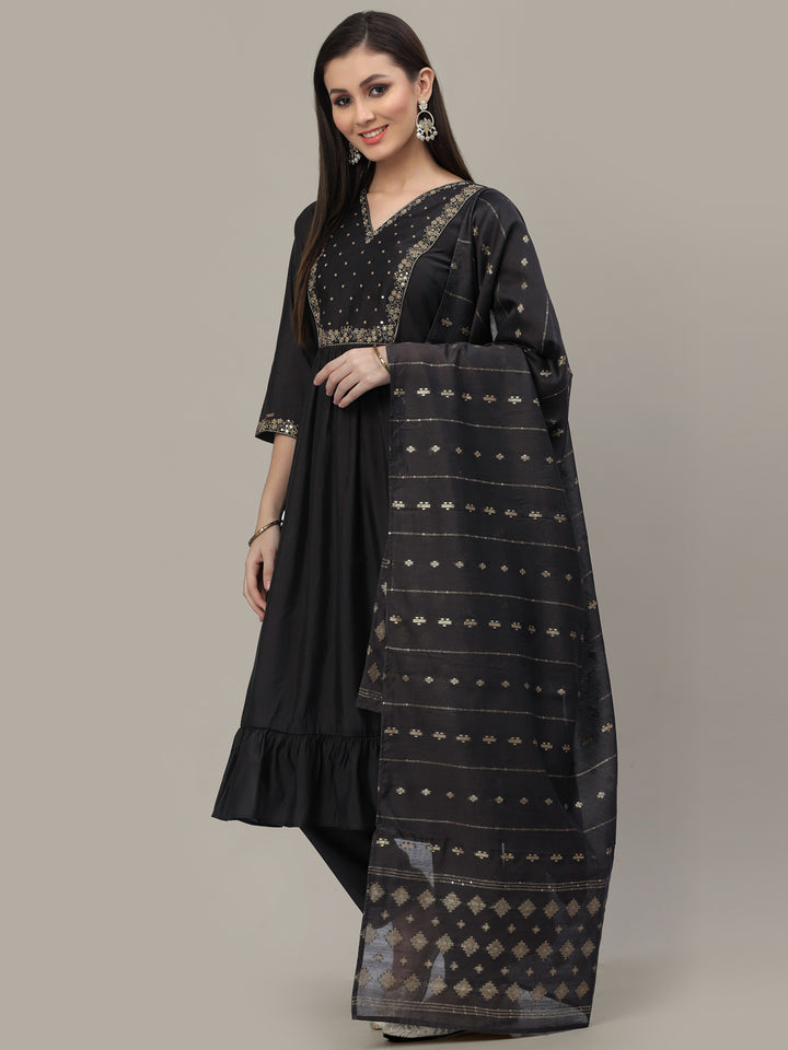 Chhabra 555 Made to Measure Steel Grey Embellished Ruffled Flare Kurta Pant Set with Weaving Dupatta