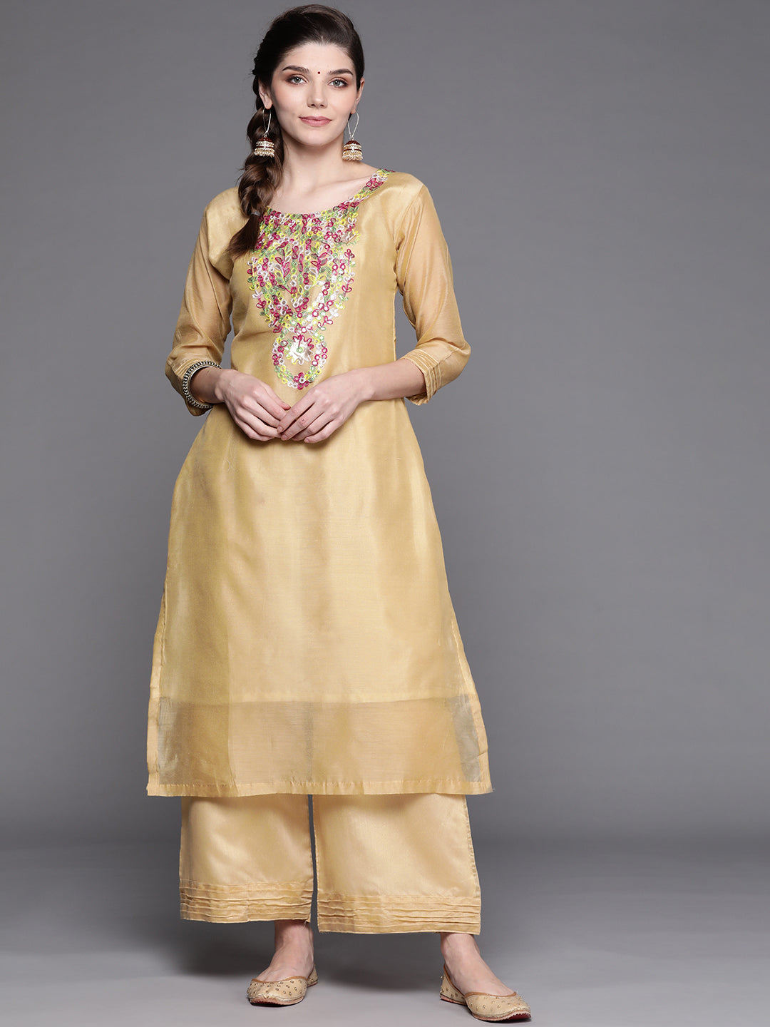 Chhabra 555 Made to Measure Beige Solid Kurta Palazzo Set With Resham Embroidery Neckline