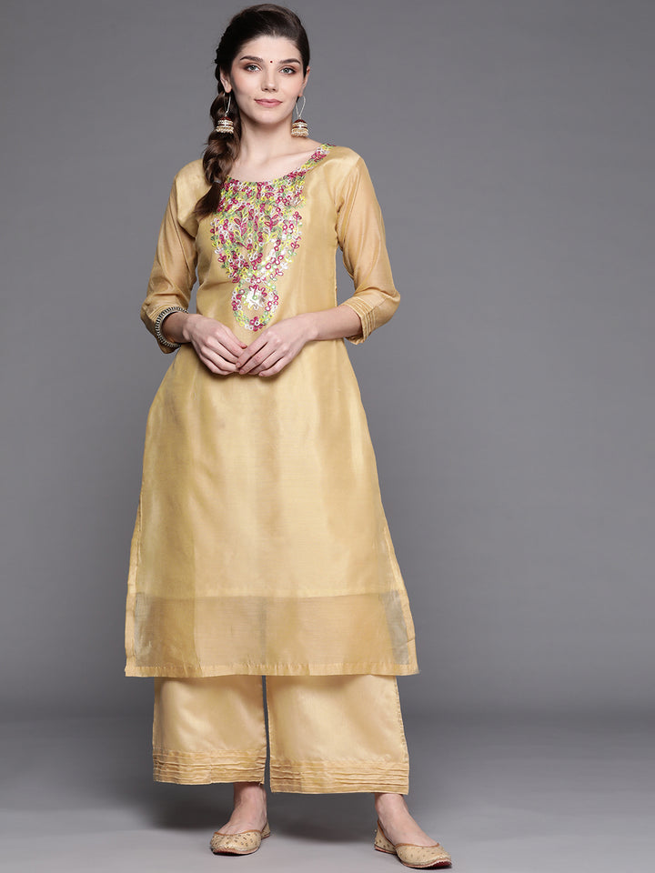 Chhabra 555 Made to Measure Beige Solid Kurta Palazzo Set With Resham Embroidery Neckline