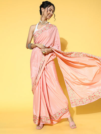 Chhabra 555 Pink Silk Crepe Sequin Embellished Saree with Resham Parsi Embroidery