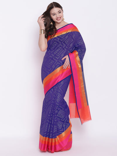 Chhabra 555 Blue Handloom Zari Banarasi Silk Saree with Contrast Pink and Orange Borders