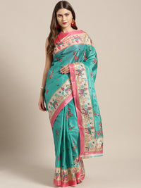 Turquoise Pink Printed Bhagalpuri Saree with Bright animal and geometric motifs