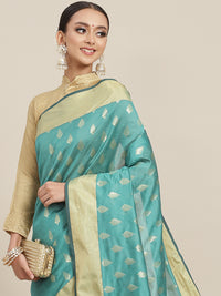 Chhabra 555 Green Ethnic Motifs Hand Woven Organza Silk Saree with Gold Zari Border