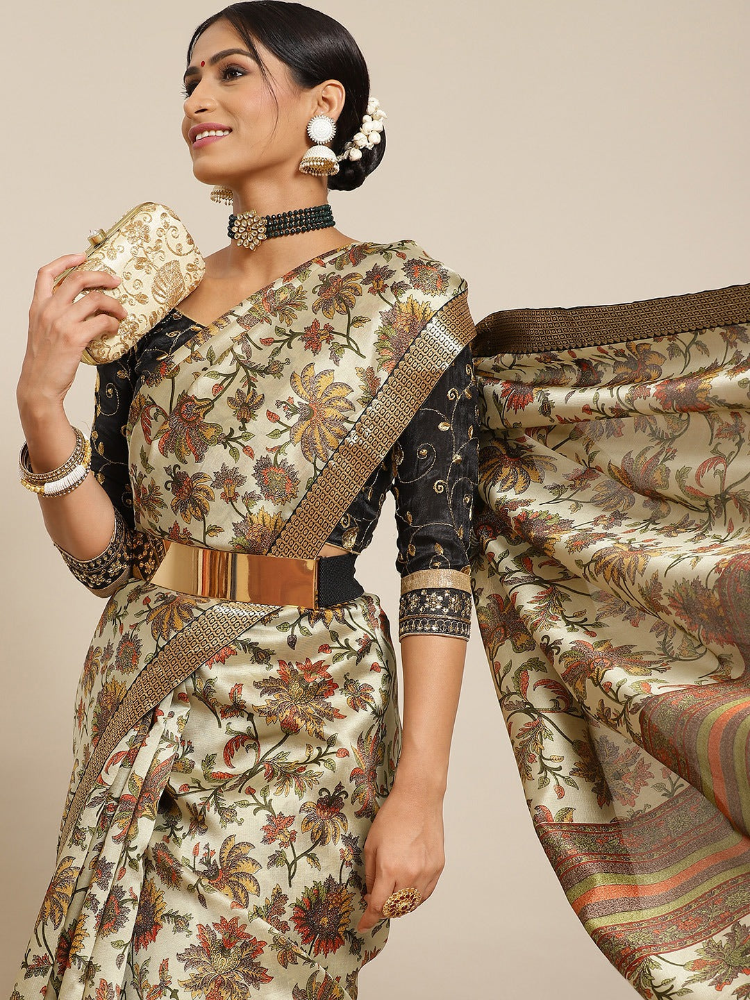 Chhabra 555 Traditional Mughal Floral Printed Bhagalpuri Silk Blend Saree & Oxidised Zari Border