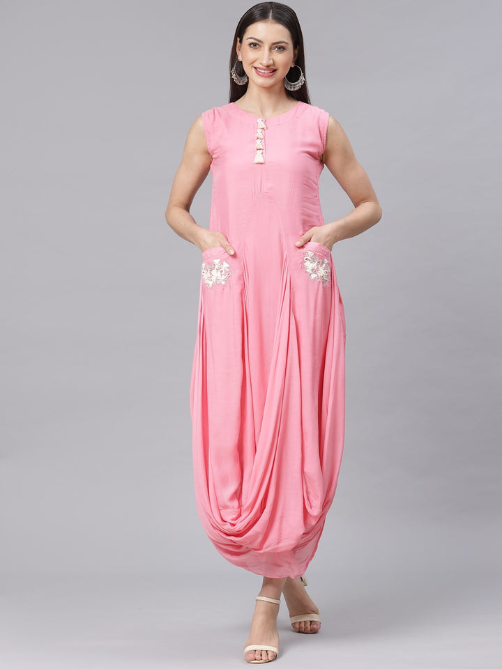 Made to Measure Pastel Anarkali Draped Dress with Embroidered Pockets & Tassels