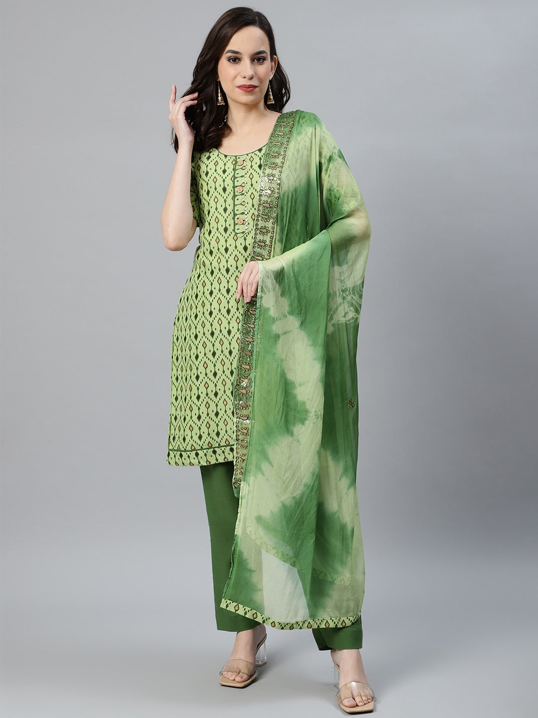 Ikat Inspired Cotton Stitched Kurta Pants Set With Chiffon Gotta Patti Dupatta