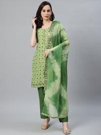 Ikat Inspired Cotton Stitched Kurta Pants Set With Chiffon Gotta Patti Dupatta