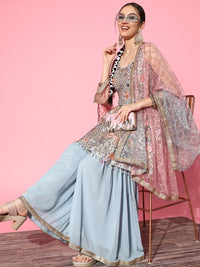 Chhabra 555 Sequin\ & Resham Floral Embroidered Peplum Sharara Set & Tassels Hemline