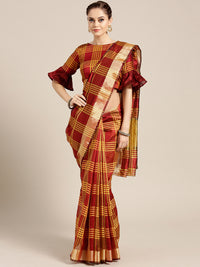 Chhabra 555 Maroon Banarasi Chanderi Silk Saree with Checked Gharchola weaving pattern