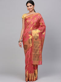 Pink Chanderi Silk Banarasi saree with Handloom Zari ethnic motifs