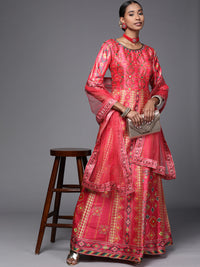 Digital Printed Mirror Embellished Pleated Sleeves Gown