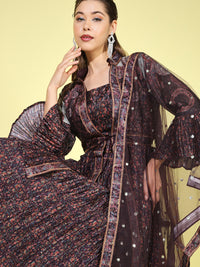 Chhabra 555 Burgundy Digital Print Pleated Crepe Silk Lehenga Choli Set with Flared Sleeve Jacket