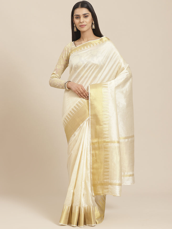Kanjiwaram Dupion Silk Saree with Ethnic Temple Weaving Gold Zari Broad Border