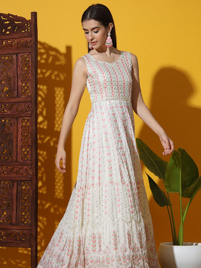 Chhabra 555 White Multicolor Resham Embroidered Georgette Anarkali Gown with Crystal Embellishments