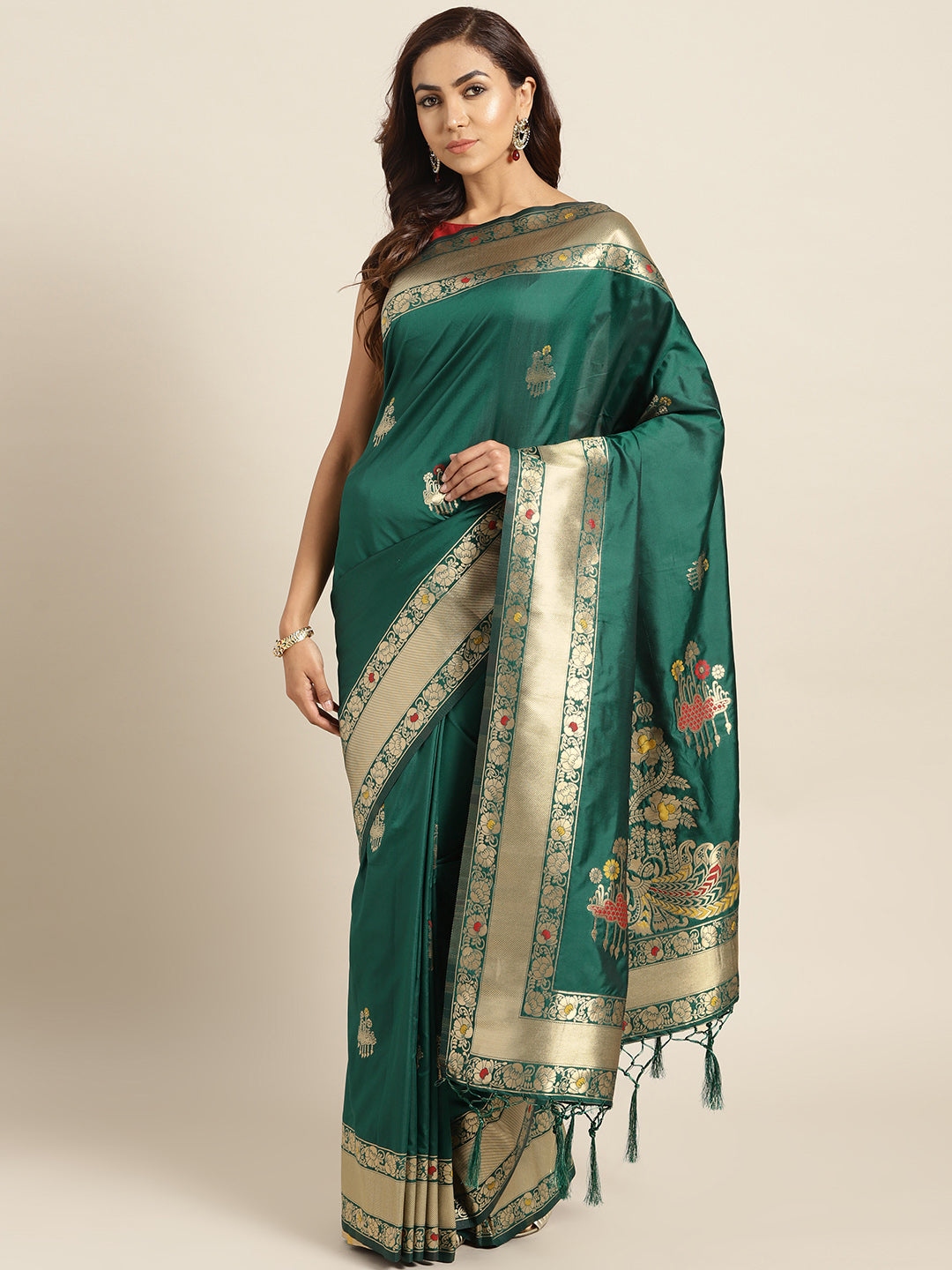 Chhabra 555 Green Banarasi Handloom Silk Saree with Floral Meenakari pattern and Jhalar