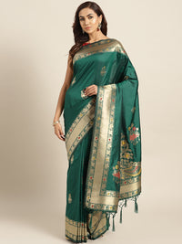 Chhabra 555 Green Banarasi Handloom Silk Saree with Floral Meenakari pattern and Jhalar