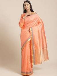 Peach Narayan Peth Handloom Chanderi Saree with Temple Gold Zari & Resham Weaving
