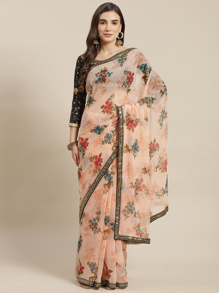 Chhabra 555 Pastel Peach Georgette Floral Print Saree with Embellished Sequin Border

Color: Peach

Type: Leheriya Sarees

Pattern: Printed

Pattern Type: Floral

Ornamentation: Sequinned

Border: Embellished

Fabric: Georgette

Saree length: 5.50 mtr., Width: 1.10 mtr, Blouse length: 0.80 mtr
Dry Clean Only

The CAD image gives a detailed look of the actual blouse piece that comes with this saree. The blouse used by the model in the pictures is only for styling purpose.