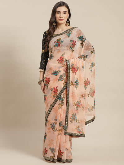 Chhabra 555 Pastel Peach Georgette Floral Print Saree with Embellished Sequin Border

Color: Peach

Type: Leheriya Sarees

Pattern: Printed

Pattern Type: Floral

Ornamentation: Sequinned

Border: Embellished

Fabric: Poly Georgette

Saree length: 5.50 mtr., Width: 1.10 mtr, Blouse length: 0.80 mtr
Dry Clean Only

The CAD image gives a detailed look of the actual blouse piece that comes with this saree. The blouse used by the model in the pictures is only for styling purpose.