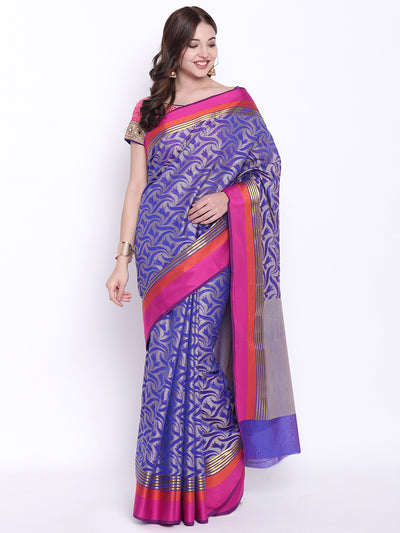 Chhabra 555 Blue Handloom Zari Banarasi Silk Saree with Contrast Pink and Orange Borders