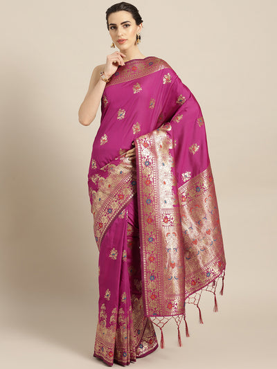 Chhabra 555 PInk Banarasi Handloom Silk Saree with Floral Meenakari pattern and Jhalar