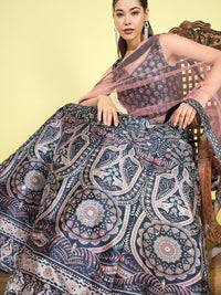 Chhabra 555 Kalamkari Inspired Digital Print Silk Lehenga Choli with Mirror Embellishments & Dupatta