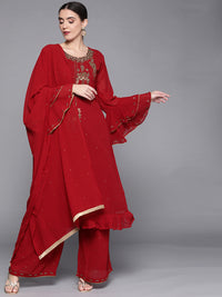 Chhabra 555 Made to Measure Bridal Maroon Cutdana & Stones Embellished Kurta Palazzo Dupatta Set