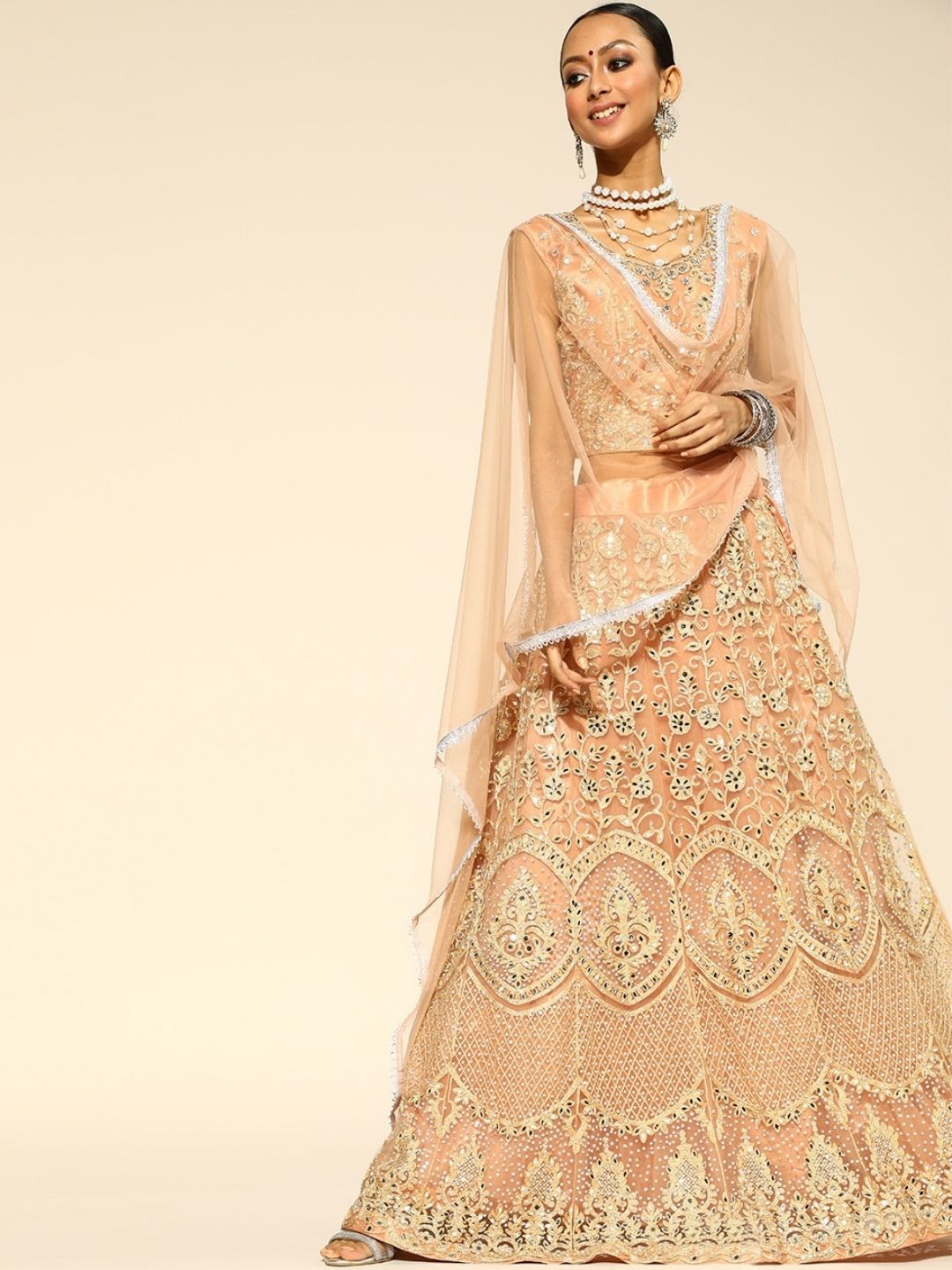 Chhabra 555 Made to Measure Peach Kalidar Lehanga Choli With Mirror, Zari & Resham Embroidery