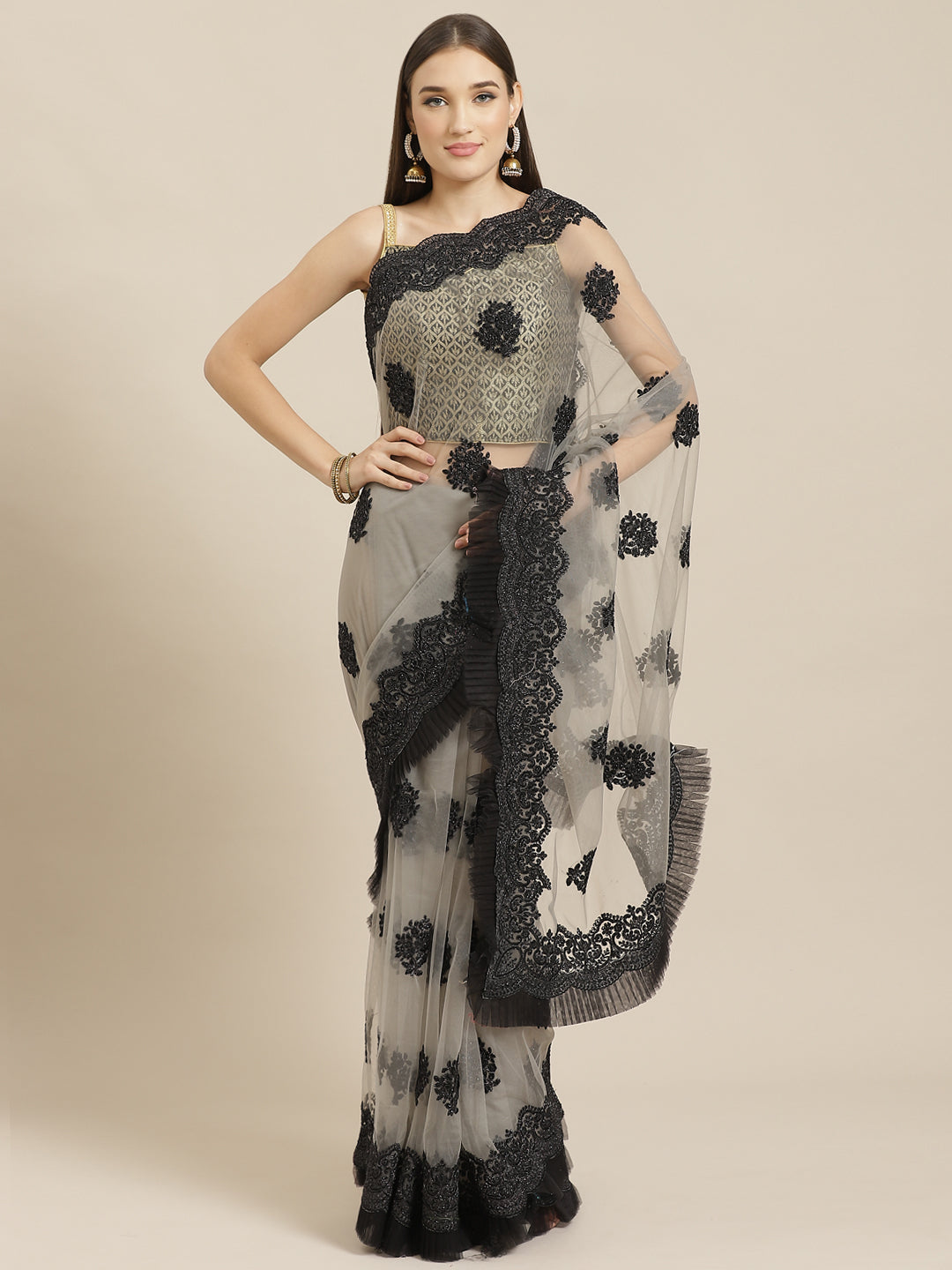 Grey Net Frills & Pleats Saree with Black Contrast Resham Embroidery