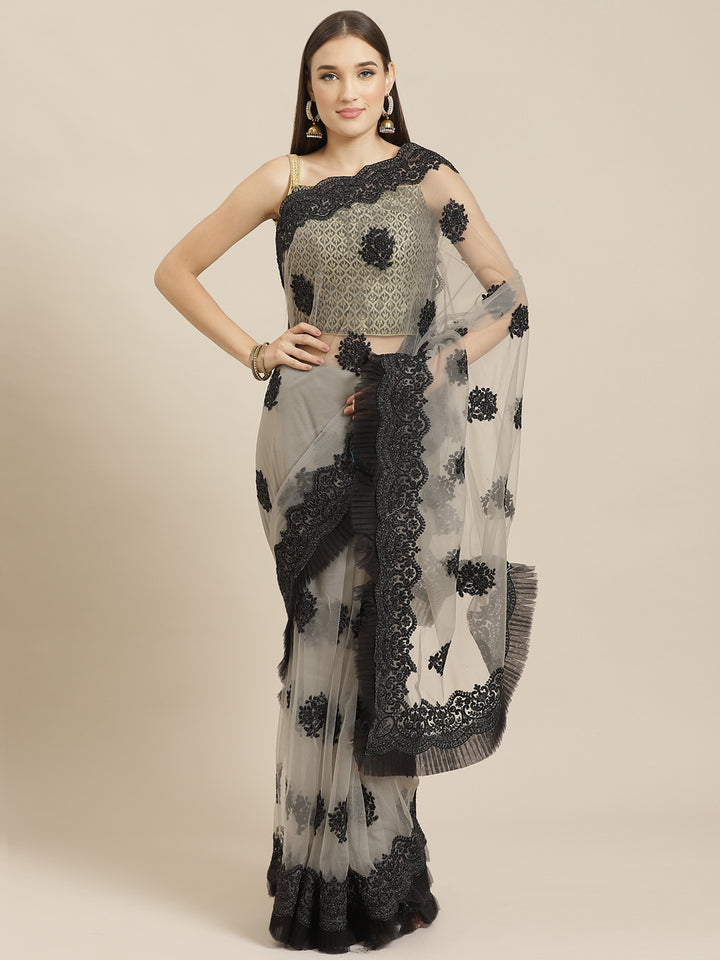 Grey Net Frills & Pleats Saree with Black Contrast Resham Embroidery