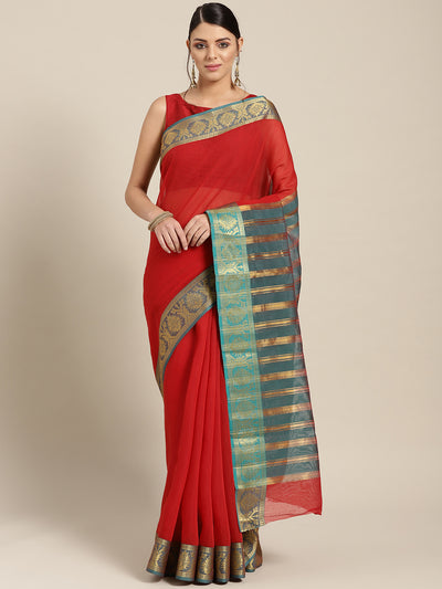 Chhabra 555 Red Chanderi Silk saree with contrast Zari woven border