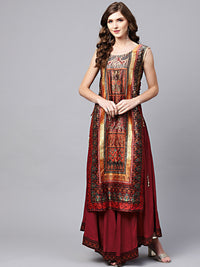 Chhabra 555 Maroon Cotton Layered Kurta Gown with Beads and stone Embellishments and tribal pattern