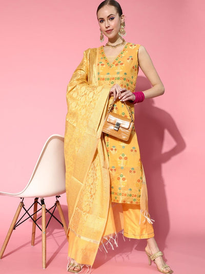 Chhabra 555 Yellow Made-to-Measure Front Slit Kurta Palazzo Set with Banarasi Handloom Dupatta