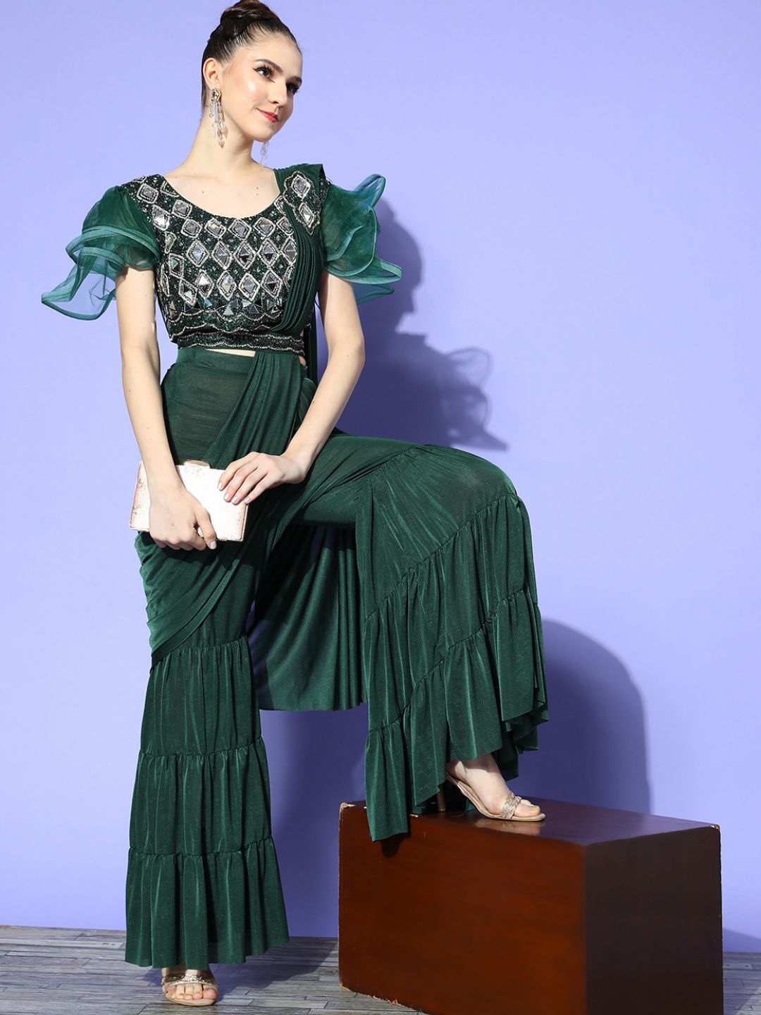 Chhabra 555 Pre-Stitched Palazzo Saree With Mirror Work Embellished blouse & Ruffled Sleeves 