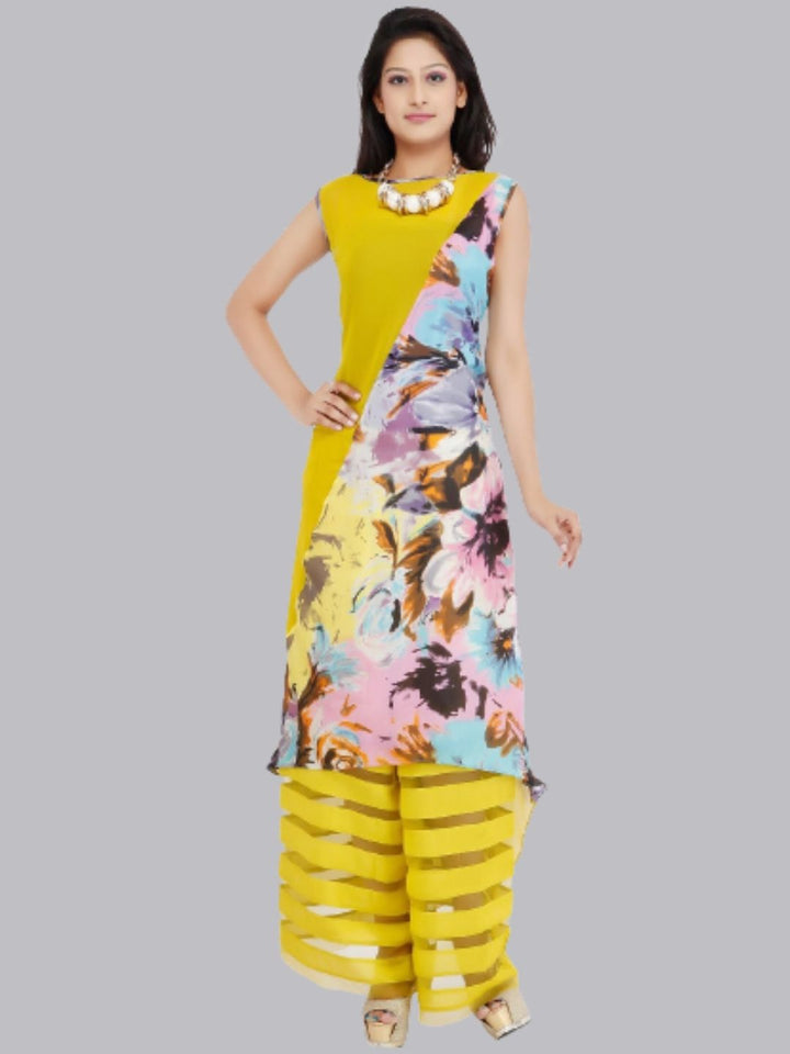 Yellow Umbrella Style Half & Half Floral Kurti With Palazzo