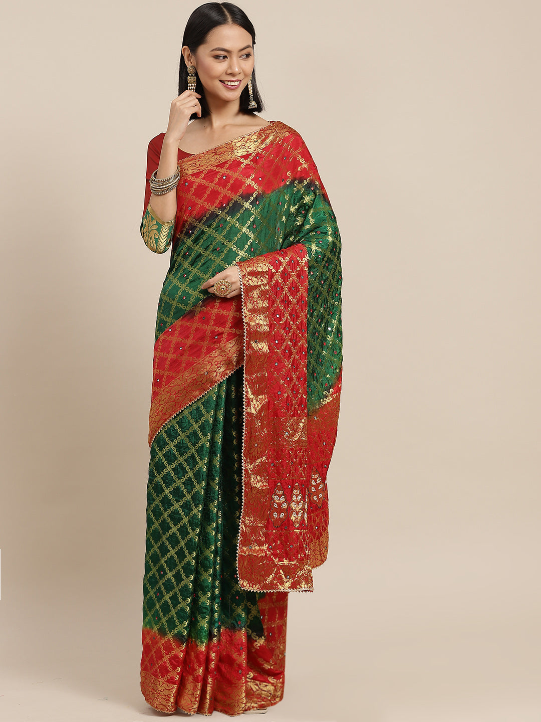 Chhabra 555 Green Red Zari Woven Khadhi Saree Embellished With Gota-Patti  Laces & Mirror Work