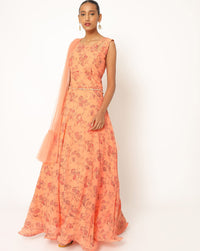 Digital Floral  Flowing Georgette Gown with Crystal Embellishments Belt